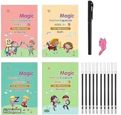 Magic Book for Kids, Sank Magic Practice Copybook, (4 Book+10 Refill+1 Pen+1 Grip) Number Tracing Book for Pre-Schoolers with Pen, Magic Calligraphy Copybook Set Writing Tool for Kids