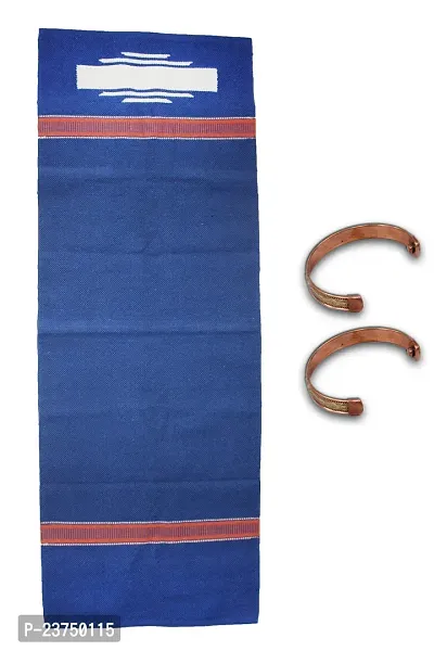 Roque Handicrafts Eco Friendly and Organic Handloom 100% Cotton Non Slip Yoga and Exercise Mat Royal Blue With Two Copper Mgnetic Bracelet  combo