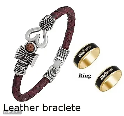 PROFESSIONAL OM SILVER LEATHER BRACLETE WITH MAHAKALCHALLA RING PACK OF 02