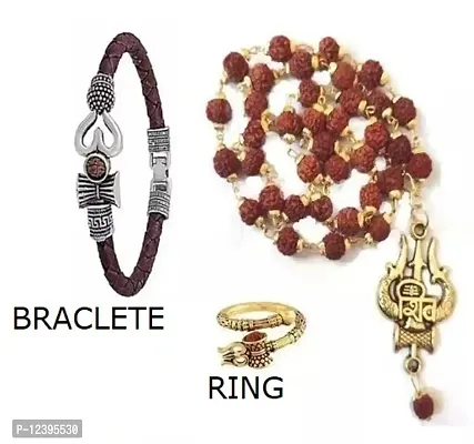 PROFESSIONAL RUDRAKASH TRISHUL MALA WITH OM SILVER LEATHER BRACLETE WITH GOLD RING-thumb0