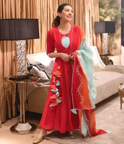 Clickedia Womens Rayon Fully Stitched Anarkali Jaipuri Solid Gota patti work and Latkans- Kurta Pant Dupatta Suit Set