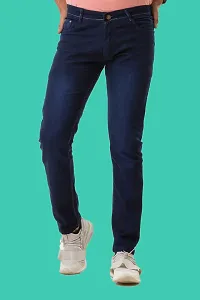 Stylish Blue Denim Solid Mid-Rise Jeans For Men-thumb1