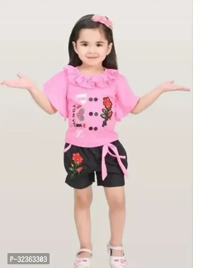 Stylish Crepe Printed Top with Shorts Set For Girls-thumb0