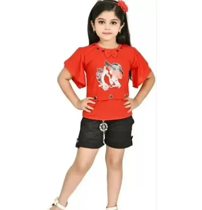 Modina Enterprises Girls Kids Crepe Regular Fit Solid Half Sleeves Casual Top Short Set with Elegant Design