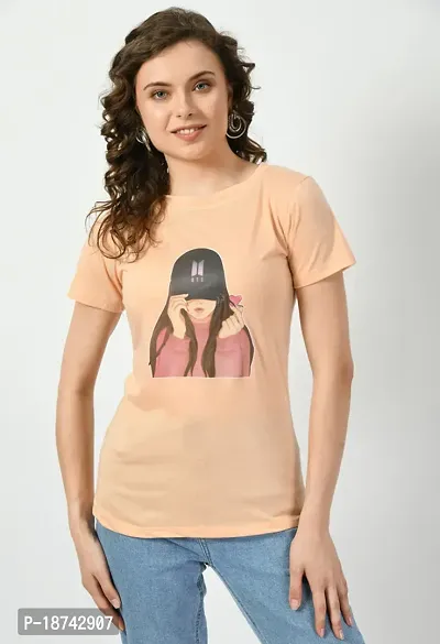 Elegant Peach Cotton Printed Tshirt For Women-thumb0