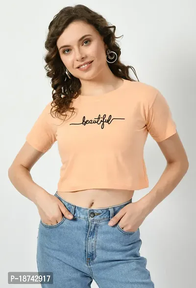 Elegant Peach Cotton Printed Tshirt For Women