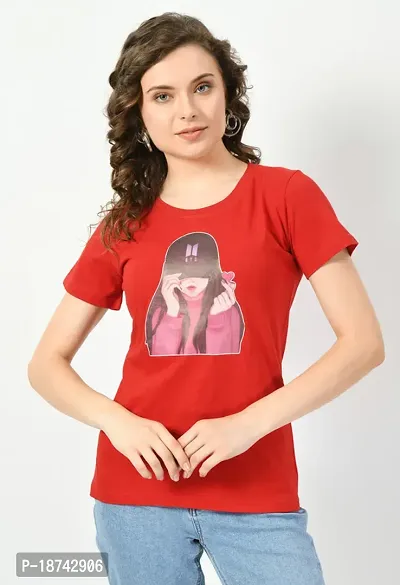 Elegant Red Cotton Printed Tshirt For Women-thumb0