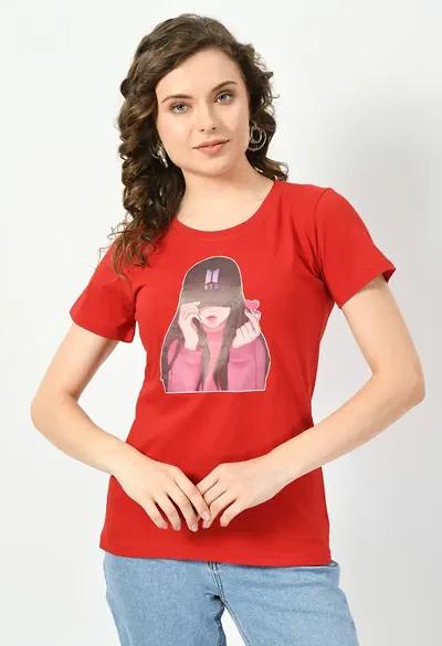 Elegant Red Cotton Printed Tshirt For Women