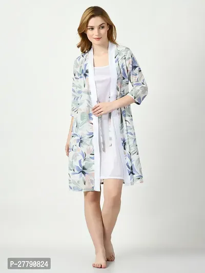White Satin Nightdress With Floral Printed Robe-thumb0