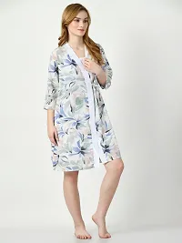 White Satin Nightdress With Floral Printed Robe-thumb2