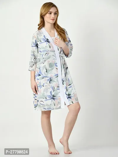 White Satin Nightdress With Floral Printed Robe-thumb3