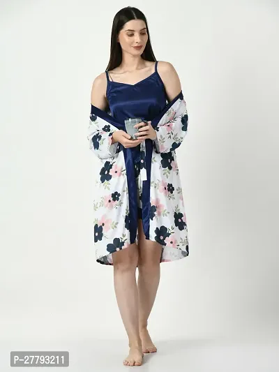 Blue Floral Printed Detailed Shorts Set With Robe-thumb0