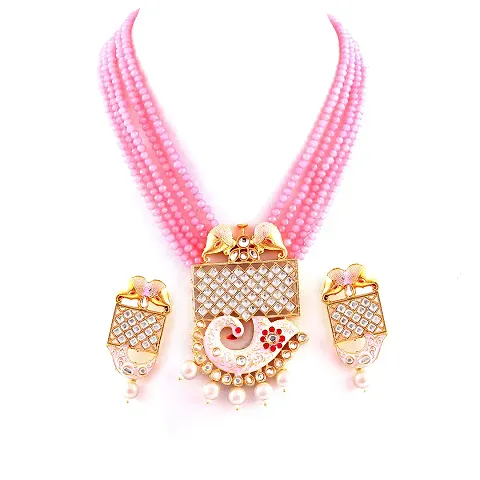 Beautiful Kundan Work And Elephant Design Necklace set (Baby pink)