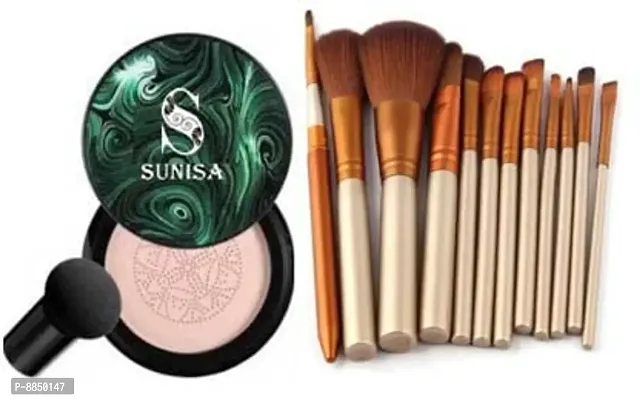 SUNISA 1 BB CC Cream Foundation With 1 Mushroom Head Air Cushion 20g and 12 Pcs Brown Makeup Brushes Set - (Pack of 14)