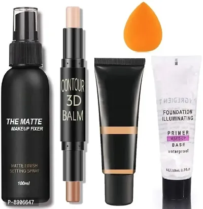 Makeup Setting Spray Fixer And Matte Finishing Foundation  Gel Face Primer  3D Contour Concealer Highlighter Stick  Puff Soft Blender