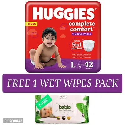 Huggies L 42 with free wet wipes worth Rs 195/-