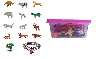 Animal World New Set DIFFRENT 12 Pieces Small Size Animal Kids (12 PCS Mini Animal with Wall and Tree Set Plastic Box )-thumb1