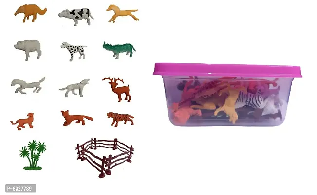 Animal World New Set DIFFRENT 12 Pieces Small Size Animal Kids (12 PCS Mini Animal with Wall and Tree Set Plastic Box )-thumb2