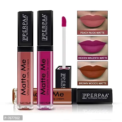 PERPAA&#174; One Stroke Matte Liquid Lipstick (5 ml) (Hidden Magenta , Brown Wood , Beach Nude, Pack Of 3)