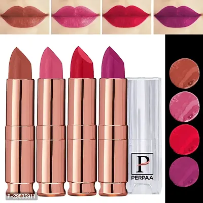 PERPAA Antique Velvet Stick Lipstick, Enreached with Jojoba Oil, Shea Butter Pack of 4 Lipsticks, Shade-Red,Magenta,Pink,Nude-thumb0