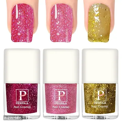 Perpaa Glitter Gel Nail Polish Diamond Flashing Sparkly Enamel Pack Of 3 Pink Baby Pink Yellow-thumb0