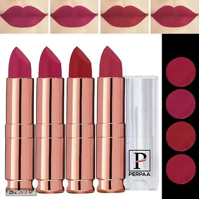 PERPAA Antique Velvet Stick Lipstick, Enreached with Jojoba Oil, Shea Butter Pack of 4 Lipsticks, Shade-Ruby Magenta,Rose Red,Maroon Pink,Light Orange