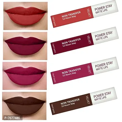 PERPAA#174; Power Stay Liquid Matte Lipstick - Waterproof Combo of 4 (Upto12 Hrs Stay) (Flirty Red, Cherry Red ,Pink Prom , Bon Bon Brown, Pack of 4)