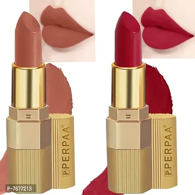 PERPAA&#174; Xpression Weightless Matte Waterproof Lipstick Enriched with Vitamin E One Stroke Application -Combo of 2 (5-8 Hrs Stay) (Innocent Nude, Matte Apple Red)
