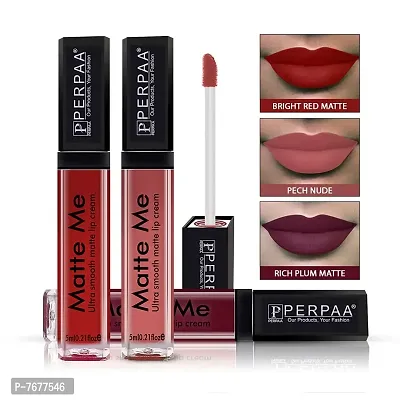 PERPAA&#174; One Stroke Matte Liquid Lipstick (5 ml) (Rich Plum , Beach Nude , Bright Red, Pack Of 3)