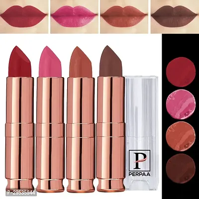 PERPAA Antique Velvet Stick Lipstick, Enreached with Jojoba Oil, Shea Butter Pack of 4 Lipsticks, Shade-Pink,Nude,Brown,Rose Red