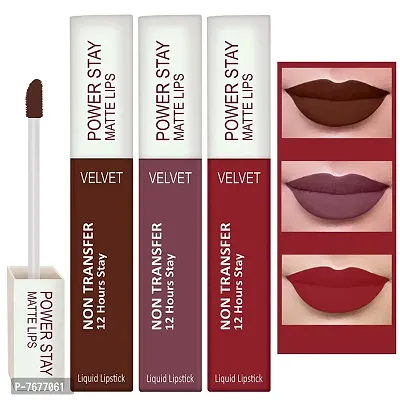 PERPAA&#174; Power Stay Liquid Matte Lipstick - Waterproof Combo of 3 (Upto12 Hrs Stay) (Bon Bon Brown , Timeless Mauve ,Apple Red, Pack of 3)-thumb0