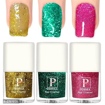 Perpaa Glitter Gel Nail Polish Diamond Flashing Sparkly Enamel Pack Of 3 Yellow Dark Green Light Pink-thumb0