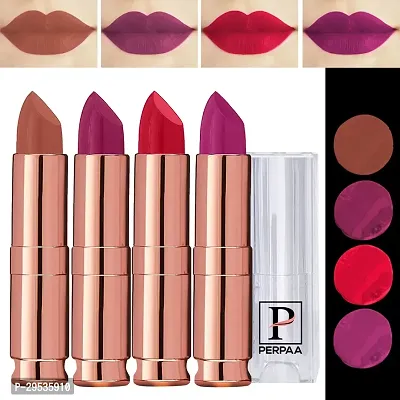 PERPAA Antique Velvet Stick Lipstick, Enreached with Jojoba Oil, Shea Butter Pack of 4 Lipsticks, Shade-Cherry Red,Red,Magenta,Nude Brown