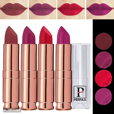 PERPAA Antique Velvet Stick Lipstick, Enreached with Jojoba Oil, Shea Butter Pack of 4 Lipsticks, Shade-Cherry Red,Red,Magenta,Red Mouve