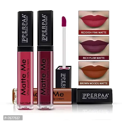 PERPAA&#174; One Stroke Matte Liquid Lipstick (5 ml) (Reddish Pink , Brown Wood , Rich Plum, Pack Of 3)