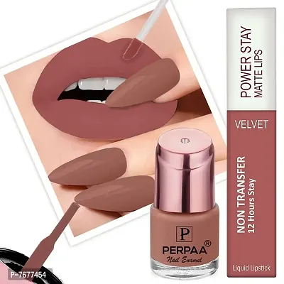 PERPAA&#174; Long Lasting Waterproof Matte Liquid Lipstick & Nail Polish Combo of Same Shades (Beige Nude , Glossy Nude)