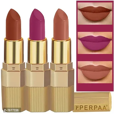 PERPAA&#174; Xpression Weightless Creamy Matte Waterproof Lipstick Enriched with Vitamin E One Stroke Application -Combo of 3 (5-8 Hrs Stay) (Innocent Nude ,Matte Rust Brown ,Matte Magenta)