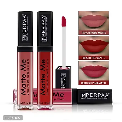 PERPAA&#174; One Stroke Matte Liquid Lipstick (5 ml) (Reddish Pink, Peach Nude , Bright Red, Pack Of 3)