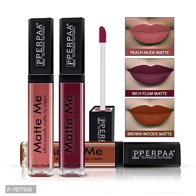 PERPAA&#174; One Stroke Matte Liquid Lipstick (5 ml) (Brown Wood , Rich Plum , Beach Nude, Pack Of 3)