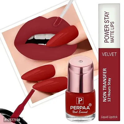 PERPAA#174; Long Lasting Waterproof Matte Liquid Lipstick  Nail Polish Combo of Same Shades (Matte Red , Deep Red)