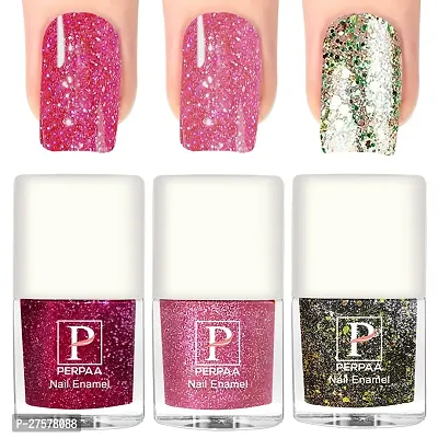 Perpaa Glitter Gel Nail Polish Diamond Flashing Sparkly Enamel Pack Of 3 Pink Baby Pink Green-thumb0