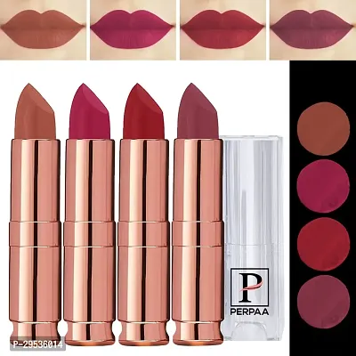 PERPAA Antique Velvet Stick Lipstick, Enreached with Jojoba Oil, Shea Butter Pack of 4 Lipsticks, Shade-Red Apple,Ruby Magenta,Rose Red,Nude Brown-thumb0