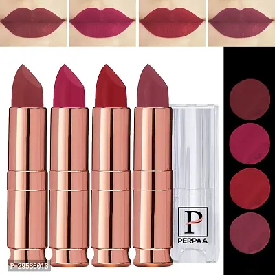 PERPAA Antique Velvet Stick Lipstick, Enreached with Jojoba Oil, Shea Butter Pack of 4 Lipsticks, Shade-Red Apple,Ruby Magenta,Rose Red,Red Mouve