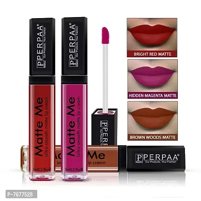 PERPAA&#174; One Stroke Matte Liquid Lipstick (5 ml) (Hidden Magenta , Brown Wood , Bright Red, Pack Of 3)