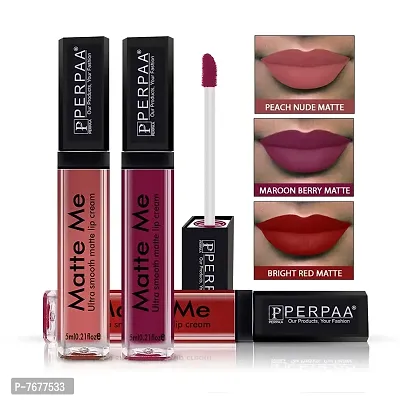 PERPAA&#174; One Stroke Matte Liquid Lipstick (5 ml) (Maroon Berry , Beach Nude , Bright Red, Pack Of 3)