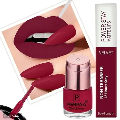 PERPAA#174; Long Lasting Waterproof Matte Liquid Lipstick  Nail Polish Combo of Same Shades (Deep Maroon , Glossy Red)