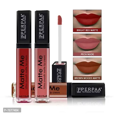 PERPAA&#174; One Stroke Matte Liquid Lipstick (5 ml) (Brown Wood , Beach Nude , Bright Red, Pack Of 3)