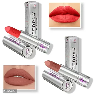 PERPAA&#174; Creamy Matte Bullet Push, Pop & Play Lipstick, Moisturizing Lip Color Enrich with Vitamin E - Non-Drying, Long Lasting ,Waterproof (Pack of 2, Red ,Nude)