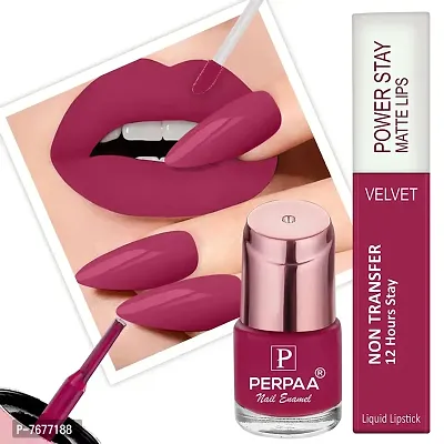 PERPAA#174; Long Lasting Waterproof Matte Liquid Lipstick  Nail Polish Combo of Same Shades (Deep Pink , Glossy Pink)-thumb0