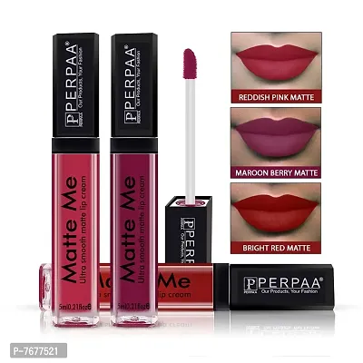 PERPAA&#174; One Stroke Matte Liquid Lipstick (5 ml) (Maroon Berry , Reddish Pink , Bright Red, Pack Of 3)